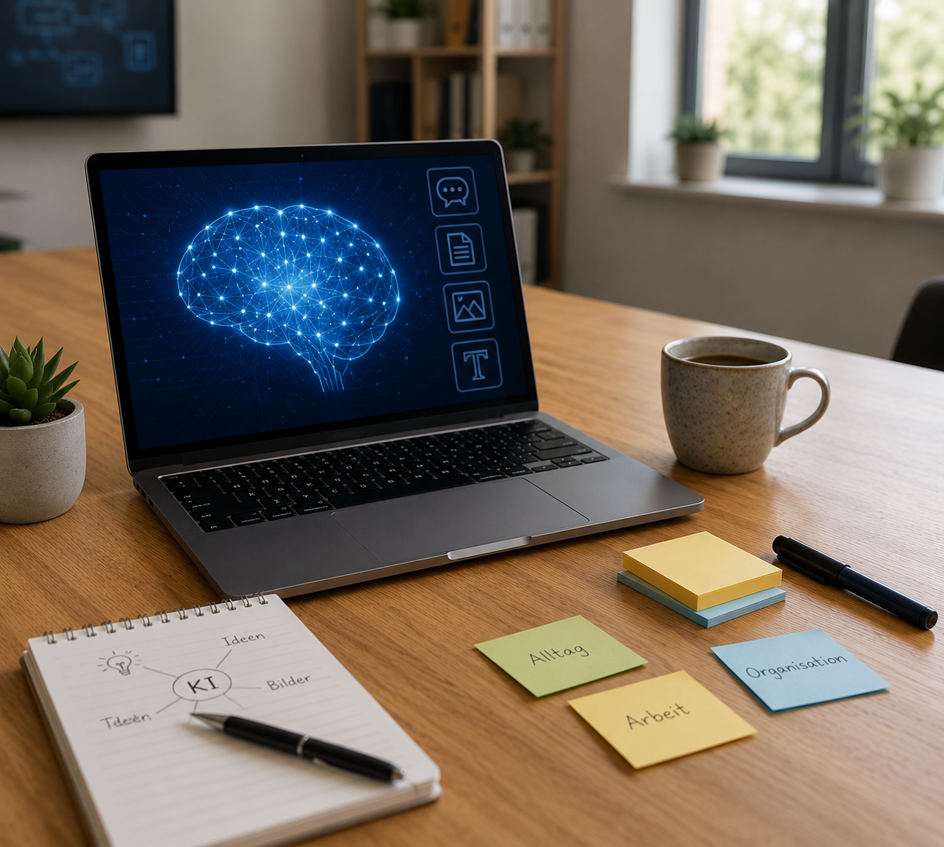 Seminarleiter mit Laptop vor einer Darstellung künstlicher Intelligenz