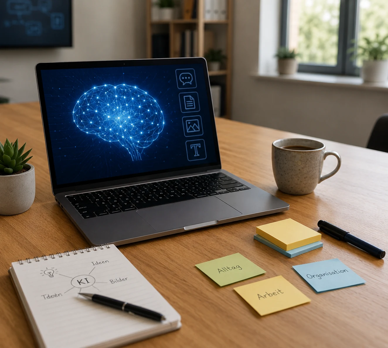 Laptop mit einer Darstellung künstlicher Intelligenz auf einem Seminartisch
